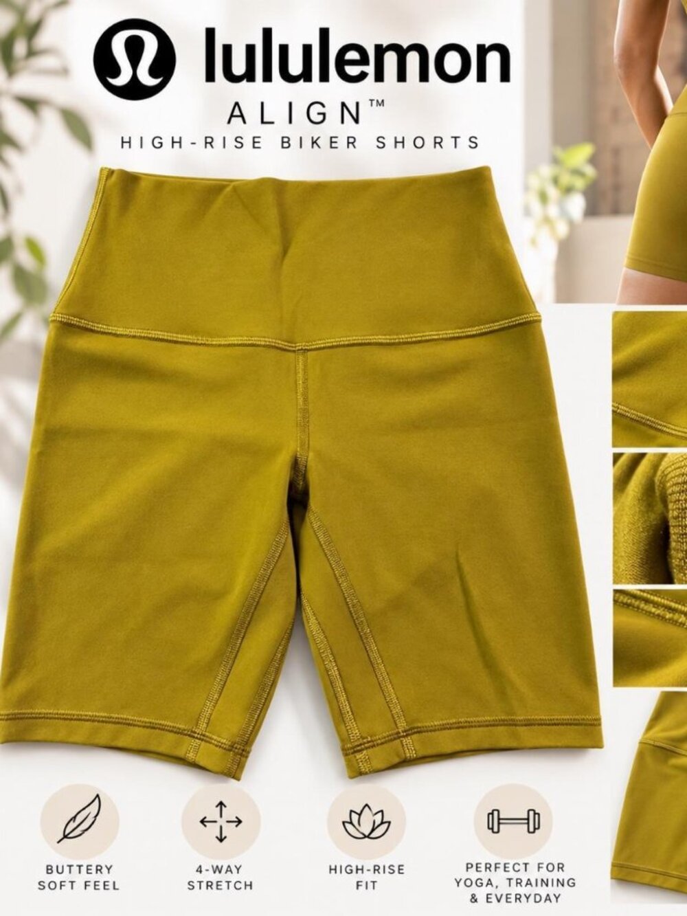 Lululemon High-Rise Biker Shorts – Mustard Gold – Size 0 Align LW7BTKS